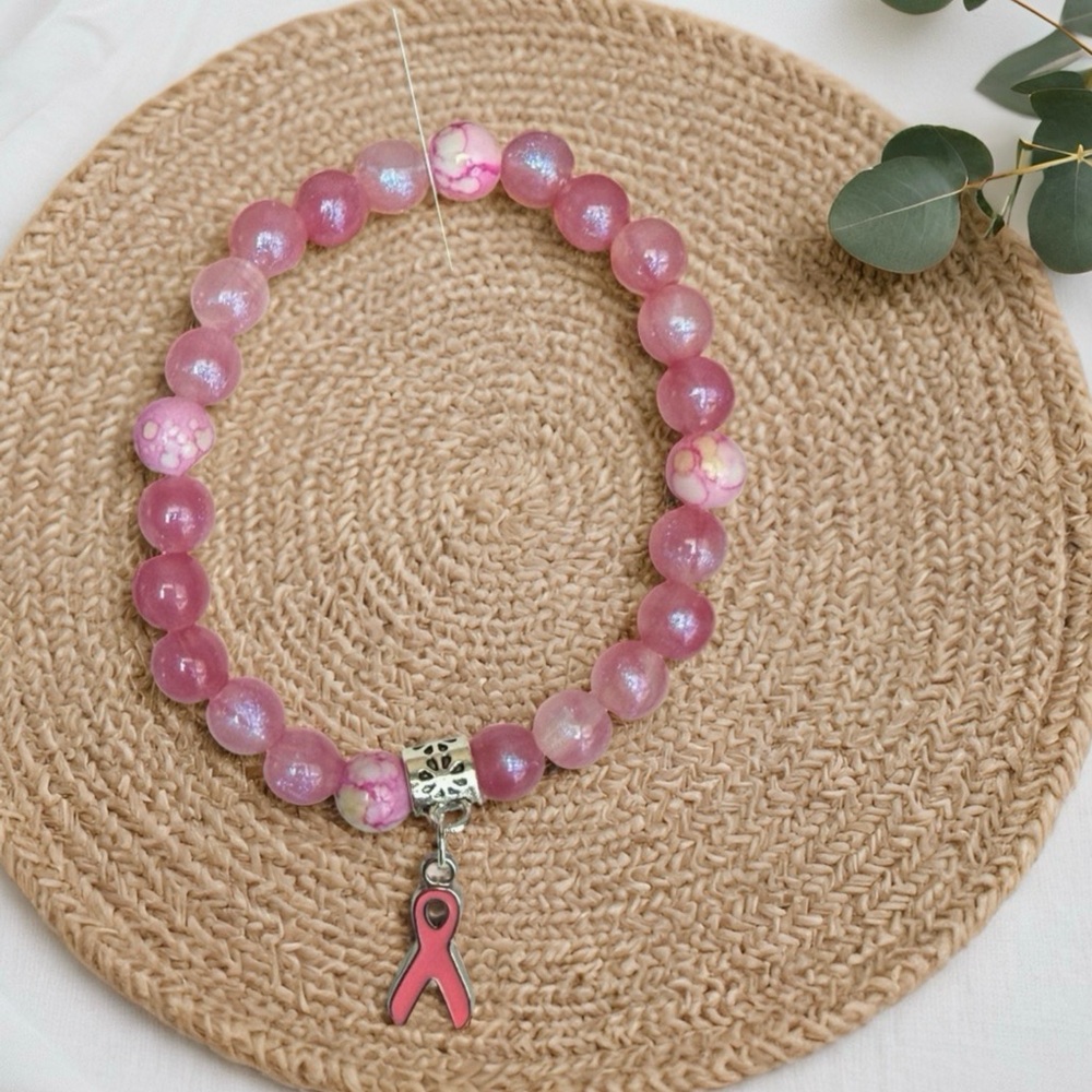 Pink Ribbon Beaded Stretch Bracelet - Unbranded - Picture 2 of 6